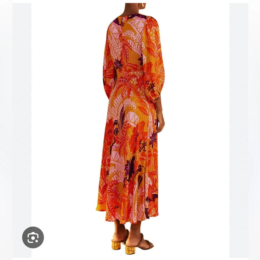 Farm Rio jungle panther tropical beige cutout long sleeve midi dress - NWT sz m - Picture 2 of 8